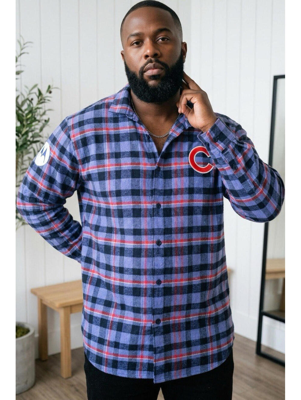 Cubs Men's Plaid Flannel Button-Up Shirt Blue Black Red Long Sleeve XL